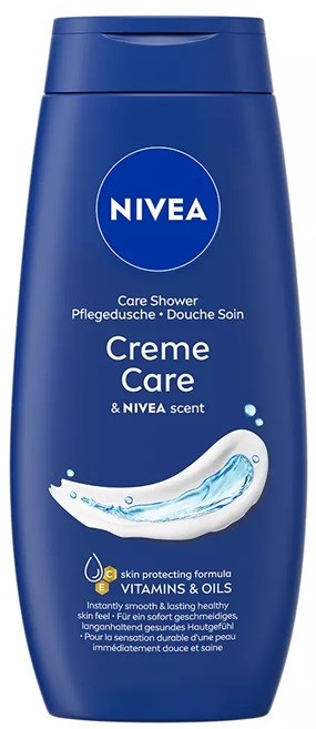 Sininen pullo Nivea Creme Care suihkugeelillä, valkoinen pisarakuva ja teksti ihon suojaamisesta.