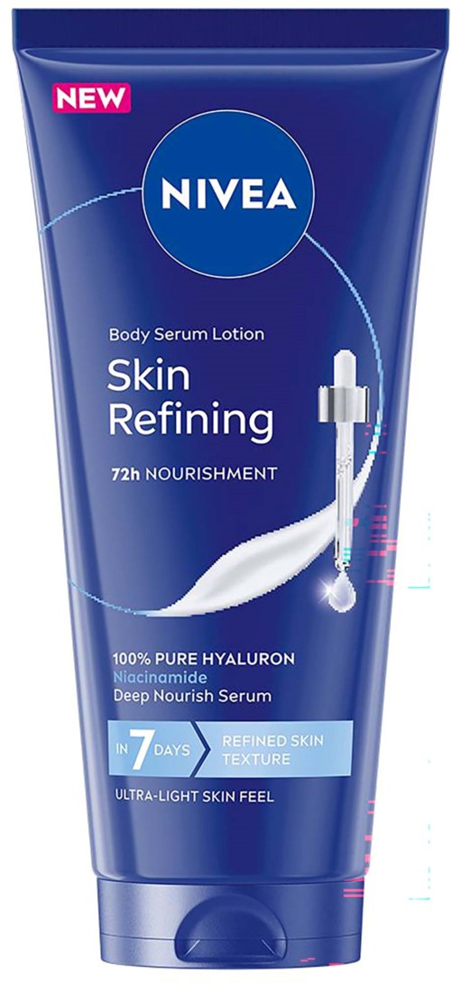 Nivea Body Serum Lotion i blå färg med vita och rosa detaljer beskriver en hudvårdsprodukt för närd, slät hud.