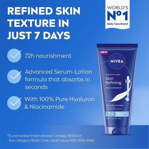 Nivea Skin Refining Serum Lotion i tub med blå och vit förpackning, framhäver näring och hudfördelar.
