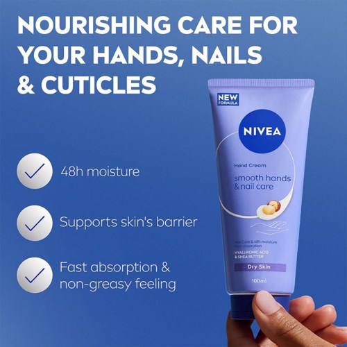 NIVEA håndkrem for myke hender og negler, 100 ml, med 48 timers fukt og hudbarriærstøtte.