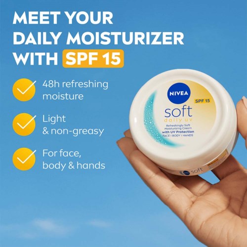 Tekst en afbeelding van Nivea Soft vochtinbrengende crème met SPF 15, voordelen vermeld, hand houdt container.