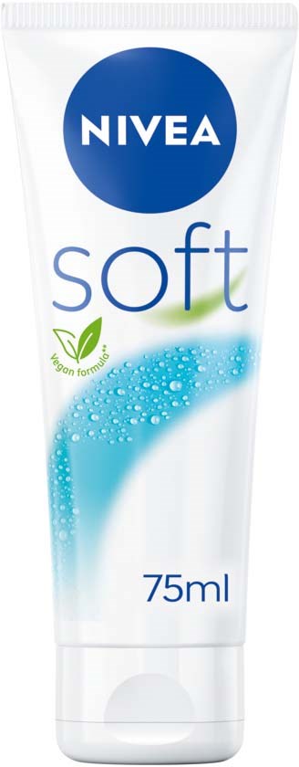 A white tube of Nivea soft cream with blue and green labels, showing a 75ml content. Contains natural ingredients.
