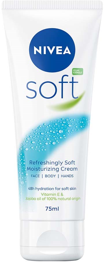 A white tube of Nivea soft moisturizer with blue and green accents, indicating it’s for face, body, and hands.