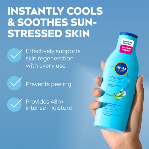 Nivea Sun After Sun Moisture fles met voordelen zoals huidondersteuning, peelingpreventie en 48+ uur hydratatie.