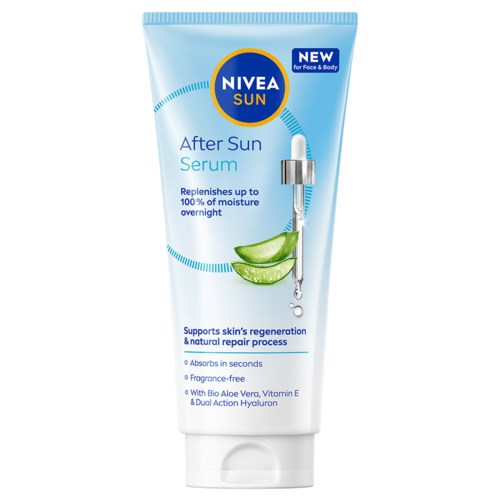 Nivea Sun After Sun Serum -tube aloe, E-vitamiinia ja hyaluronihappoa, hoito auringonoton jälkeen.