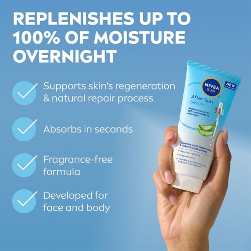 Teksti ja kuva Nivea After Sun -seerumista, korostaen etuja kuten ihon korjaus, nopea imeytyminen, hajusteeton ja kasvoille sekä keholle.