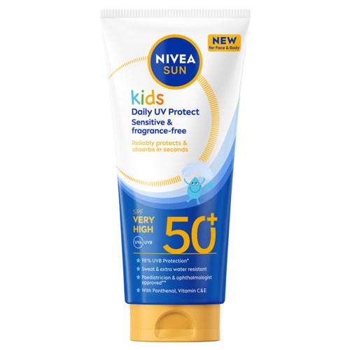 Tube of Nivea Sun Kids sunscreen with SPF 50+, designed for sensitive skin, water-resistant, and protects from UV rays.