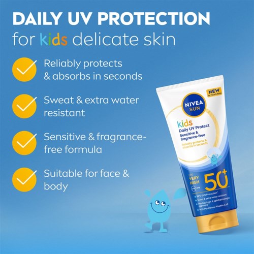 NIVEA Kids sunscreen protects delicate skin, is water-resistant, fragrance-free, and good for face and body.