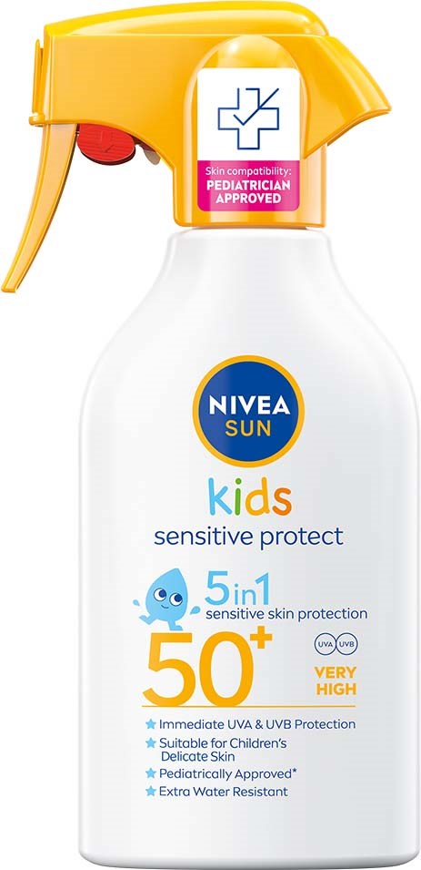Valkoinen suihkepullo, jossa on keltainen korkki ja etiketti NIVEA Sun Kids -aurinkovoiteelle, SPF 50+.