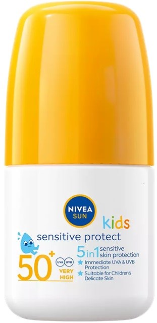 En flaska Nivea Sun Kids sensitive solkräm med SPF 50, för barn, i gult och vitt.