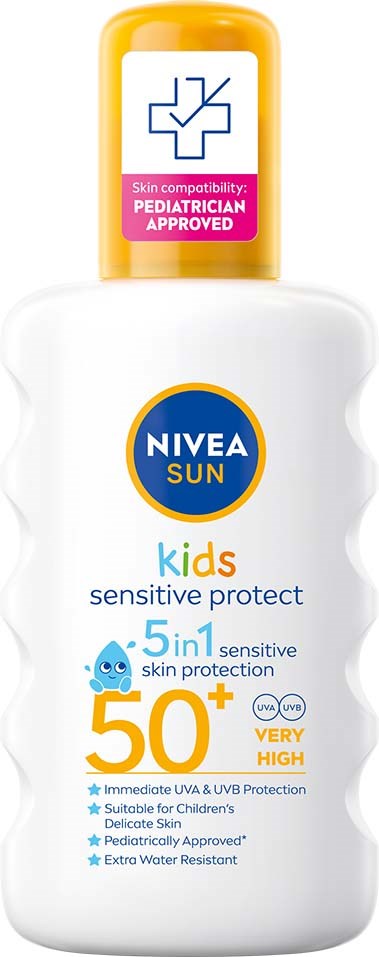 Bottle of Nivea Sun Kids sunscreen with SPF 50+, designed for sensitive children's skin, offers strong UV protection.