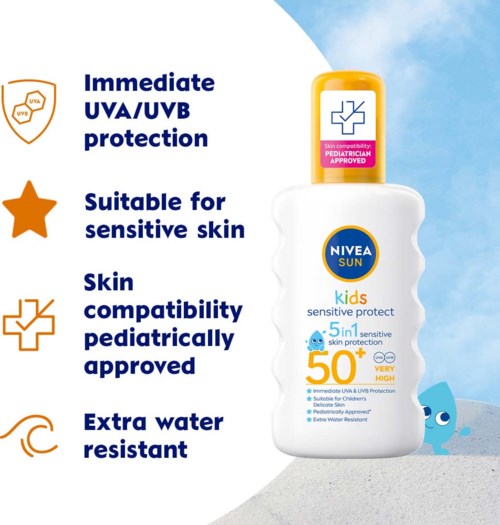 Bottle of child-friendly sunscreen with 50+ SPF, claims of water resistance and skin protection, and features for sensitive skin.