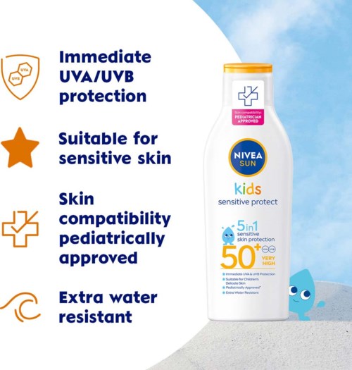 Een fles Nivea Sun Kids spray met beschermingskenmerken en een blauwe cartoon waterdruppelkarakter.