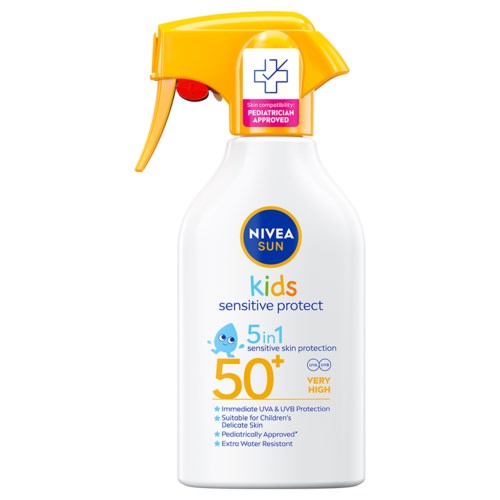 A white spray bottle with a yellow spray nozzle, labeled NIVEA Sun kids, offers sensitive skin protection with SPF 50+.