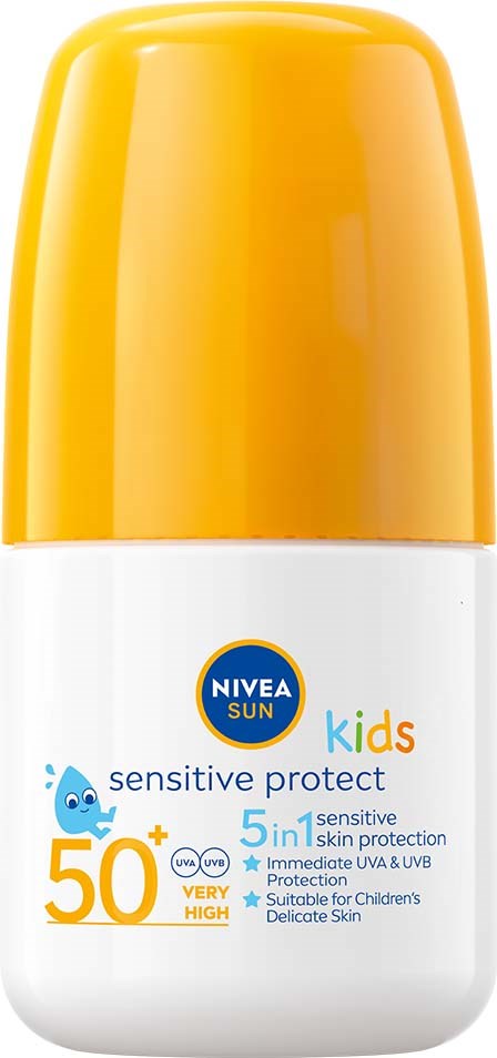 A white bottle with a yellow cap for children's sun protection, labeled 'Nivea Sun Kids' with SPF 50+.