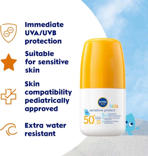 Nivea Sun Kids sunscreen with SPF 50, offers immediate UVA/UVB protection, suitable for sensitive skin, and is water-resistant.