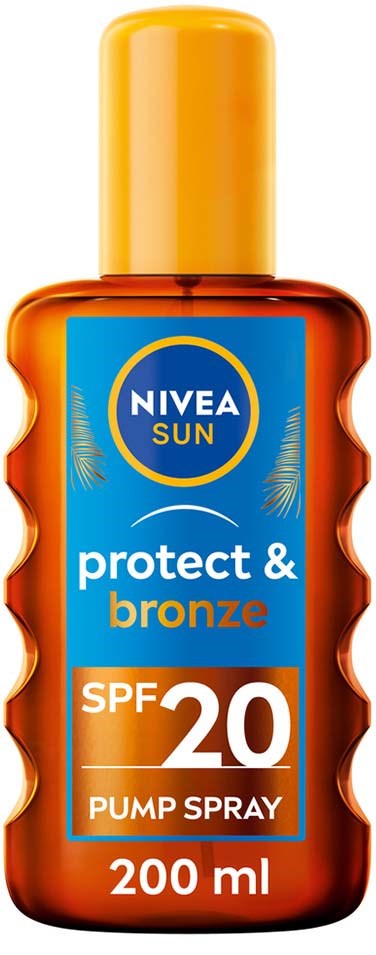 Kleine oranje fles Nivea Sun protect & bronze SPF 20 pump spray, 200 ml, met gele dop.