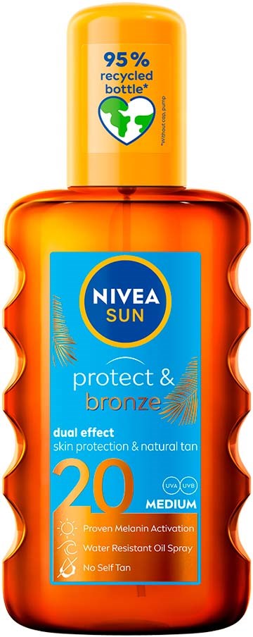 Oranje fles van Nivea Sun zonnebrandlotion met SPF 20 voor medium huid en natuurlijke zongebruinde huid.