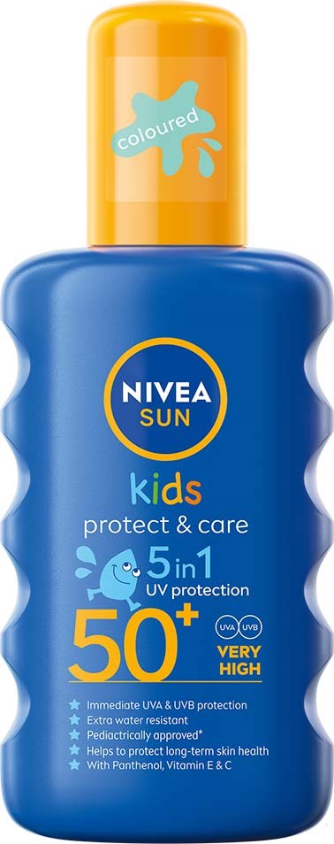 Blaue Flasche mit NIVEA SUN Kindersonnencreme mit SPF 50, mit gelbem Deckel und einer blauen Delfin-Illustration.