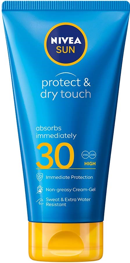 Blauwe tube van Nivea Sun zonbeschermingscrème met SPF 30, beschermt tegen zon, water en zweet.