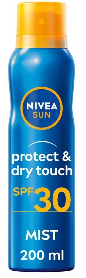 Blue bottle with yellow cap, labeled NIVEA SUN protect and dry touch, SPF 30, mist, 200 ml.