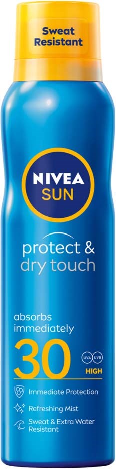 A blue bottle of Nivea Sun spray with yellow cap, labeled for sun protection with SPF 30, sweat resistant.