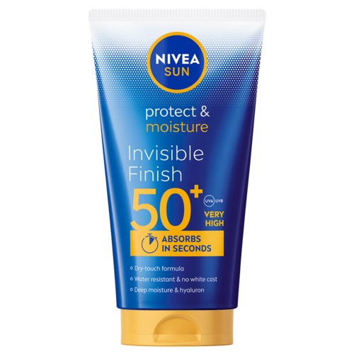 Blue and yellow tube of Nivea Sun Invisible Finish sunscreen with SPF 50+ that absorbs quickly and is water resistant.