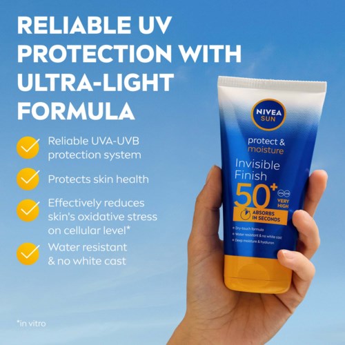 A hand holds a Nivea Sun spray with SPF 50+, focusing on UV protection, skin care, and water resistance claims.