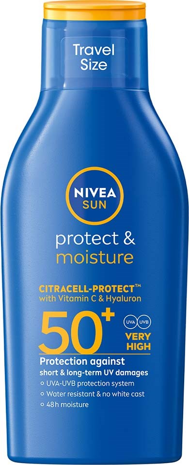 Blauwe fles met geleksluiting, vermeldt zonbescherming, SPF 50, vitamine C, Hyaluron en waterbestendigheid.