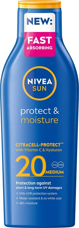 Sininen Nivea Sun -pullonsuojavoide, keltaisella korkilla, SPF 20, suojaa UV-säteilyltä.