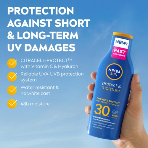Een Nivea Sun zonnebrand met SPF 30, die bescherming tegen UV-schade, waterbestendigheid en langdurige hydratatie benadrukt.