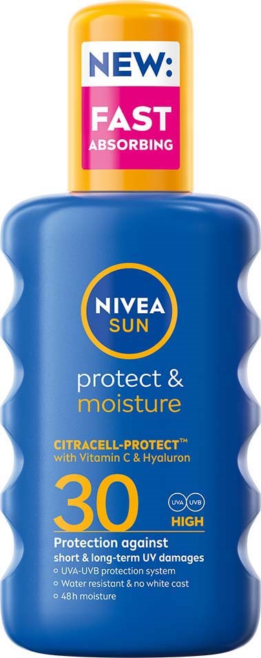 Blauwe zonnebrandfles met gele dop, SPF 30, beschermt huid, bevat vitamine C en hyaluronzuur, snel absorberend.