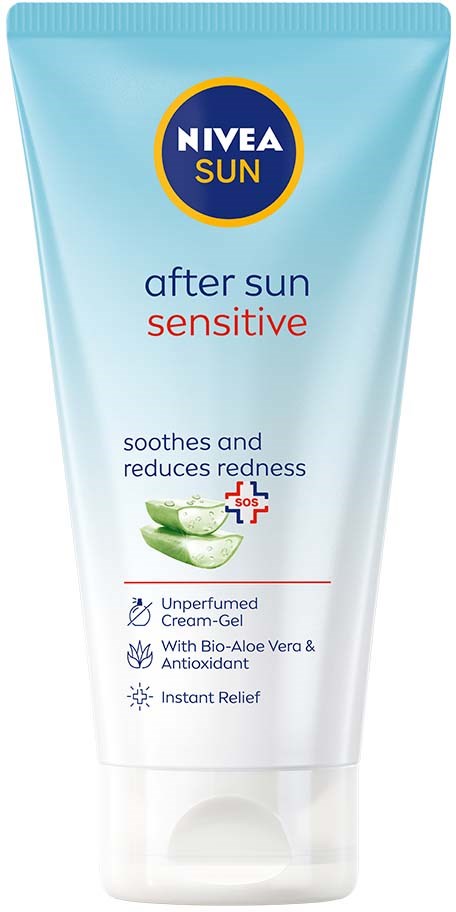 Nivea Sun after sun-kräm-gel för känslig hud med aloesyra och antioxidanter. Den lindrar, minskar rodnad och ger omedelbar lindring.