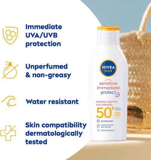 Zonnebrandcrème biedt onmiddellijke UVA/UVB-bescherming, niet vettig, waterbestendig, geschikt voor gevoelige huid en dermatologisch getest.