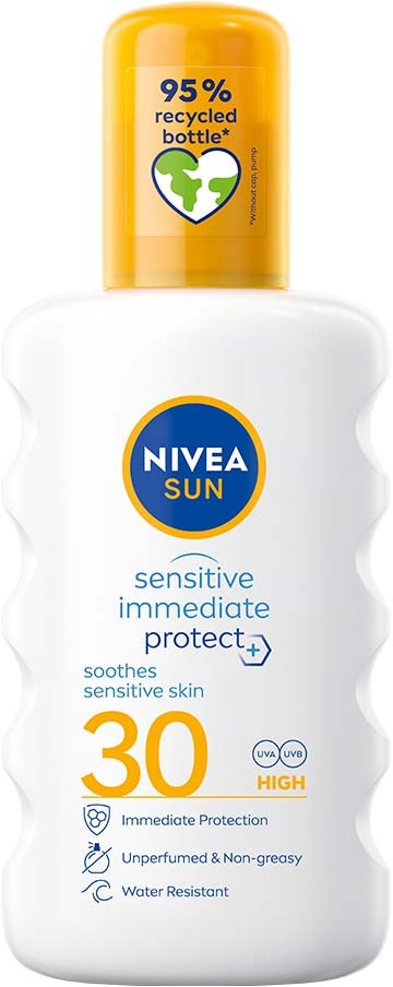 Biała butelka z żółtą nakrętką, oznaczona Nivea Sun, SPF 30, zapewnia ochronę słoneczną, łagodzi skórę, wodoodporne.
