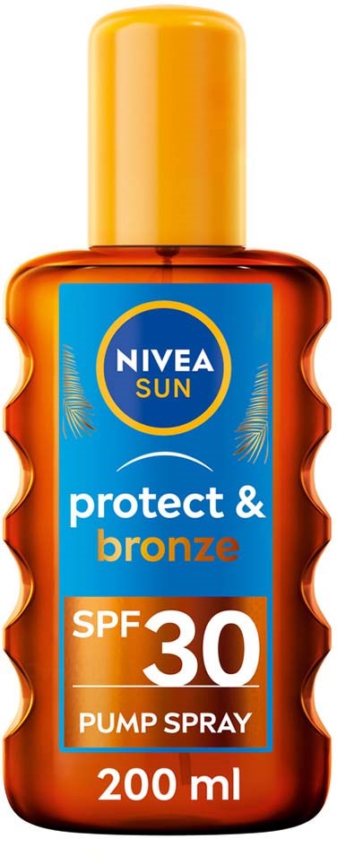 Een bruin sprayflesje met een blauwe label, gele dop en SPF 30 bescherming.