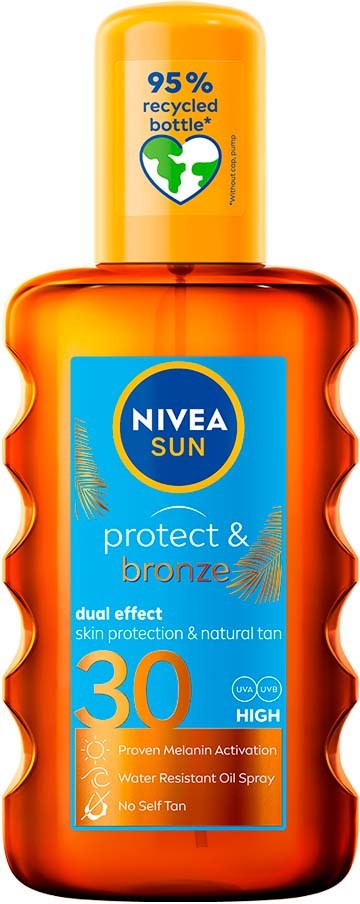 Een zonnebrandfles met 'NIVEA SUN', SPF 30, oranje verpakking en een groen en geel deksel dat zegt 95% gerecycled.