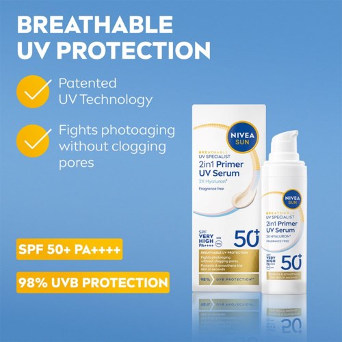 Blauwe achtergrond met tekst over UV-bescherming en zonnebrand. Met SPF 50+ en UVB-bescherming.