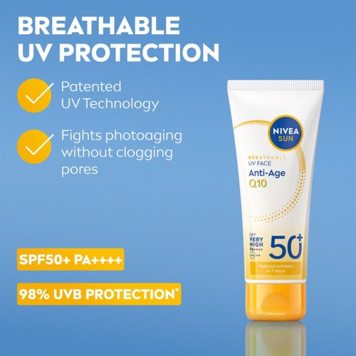 Sininen tausta, aurinkovoide ja teksti UV-suojasta ja SPF 50+.