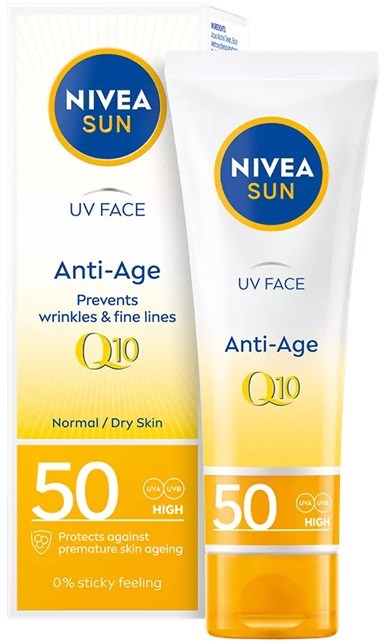 Nivea Sun UV Face anti-age crème. Beschermt de huid, voorkomt rimpels, voor normale of droge huid. SPF 50, hoge bescherming.