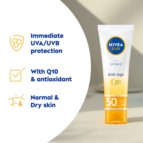 Nivea Sun gezichts zonnebrand met Q10, beschermt tegen UV-straling, geschikt voor normale en droge huid, SPF 50.