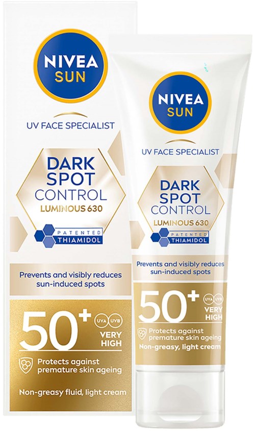 Nivea Sun donkere vlekken controlecrème met SPF 50+ beschermt de huid tegen zonvlekken en veroudering, licht en niet vet.