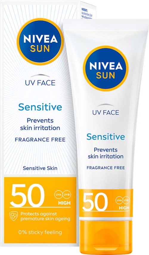 Nivea Sun UV Face Sensitive aurinkovoide herkälle iholle, SPF 50, hajusteeton, suojaa ihoärsytykseltä, korkea UV-suoja.