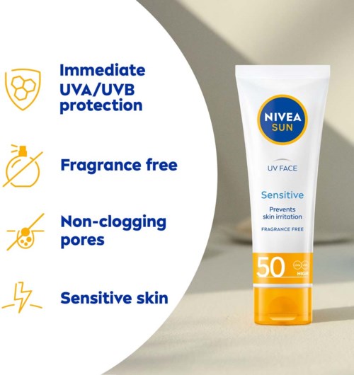 Nivea Sun UV Face aurinkovoide herkälle iholle, SPF 50, ehkäisee ihon ärsytystä, hajusteeton, ei tuki huokosia, suojaa UVA/UVB.