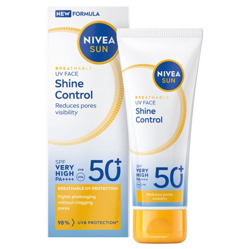 Nivea Sun sunscreen with SPF 50+ for face, reduces pores, fights acne, has high UV protection, and is breathable.
