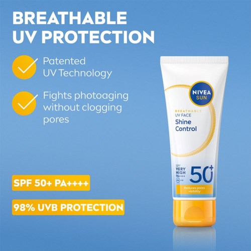 A sunscreen tube labeled 'Breathable UV Face Shine Control' offers SPF 50+ protection and 98% UVB protection.