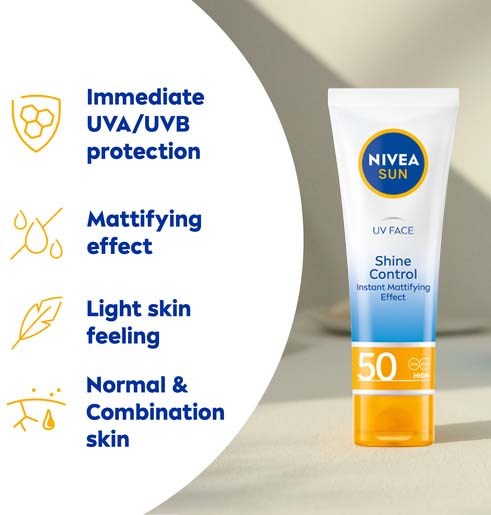 NIVEA Sun UV face creme biedt bescherming, matteert, voelt licht en is geschikt voor normale en gecombineerde huid.