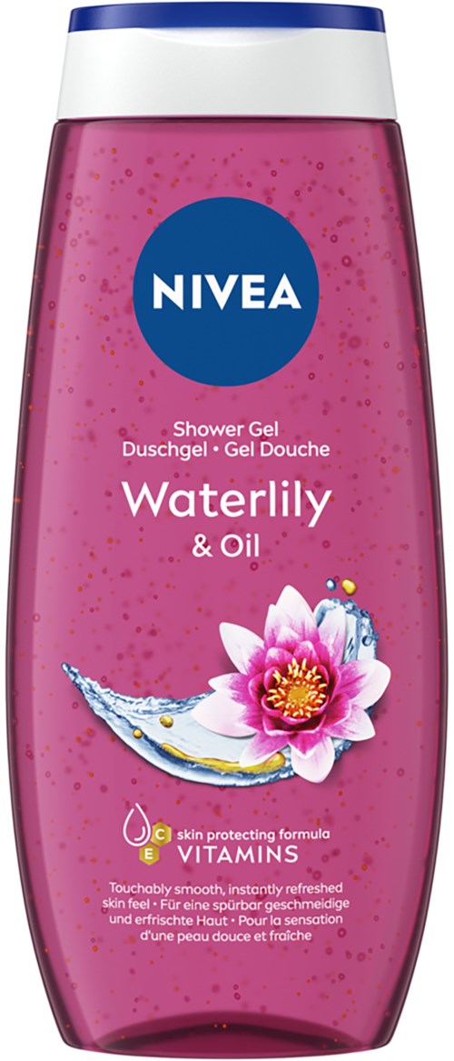 Pink shower gel bottle with a flower and water splash on the label, branded Nivea Waterlily & Oil.
