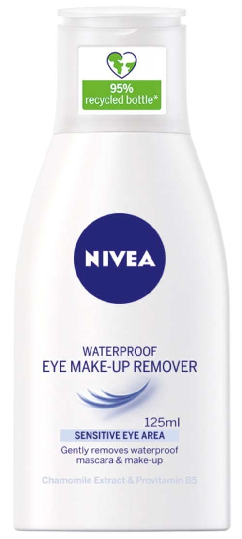 White bottle with NIVEA logo, says it removes waterproof eye makeup, contains chamomile, 125ml, and is eco-friendly.