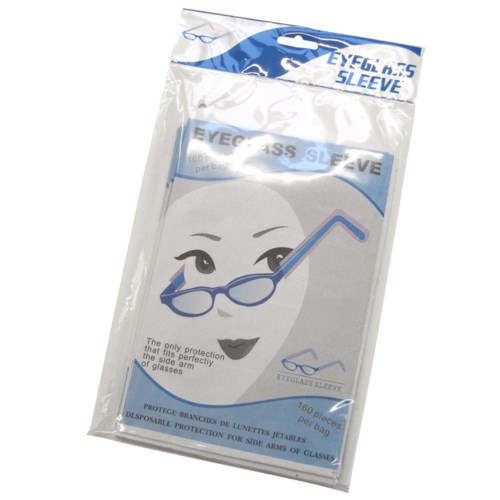 Eine Plastikverpackung enthält 160 Brillenhüllen mit einem Design eines Frauengesichts, Brillen und eine Sonnenbrilloschirm.